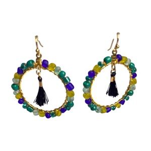 Womens Dangle Round Earrings Gold Tone Teal Blue Green Round Fall beaded